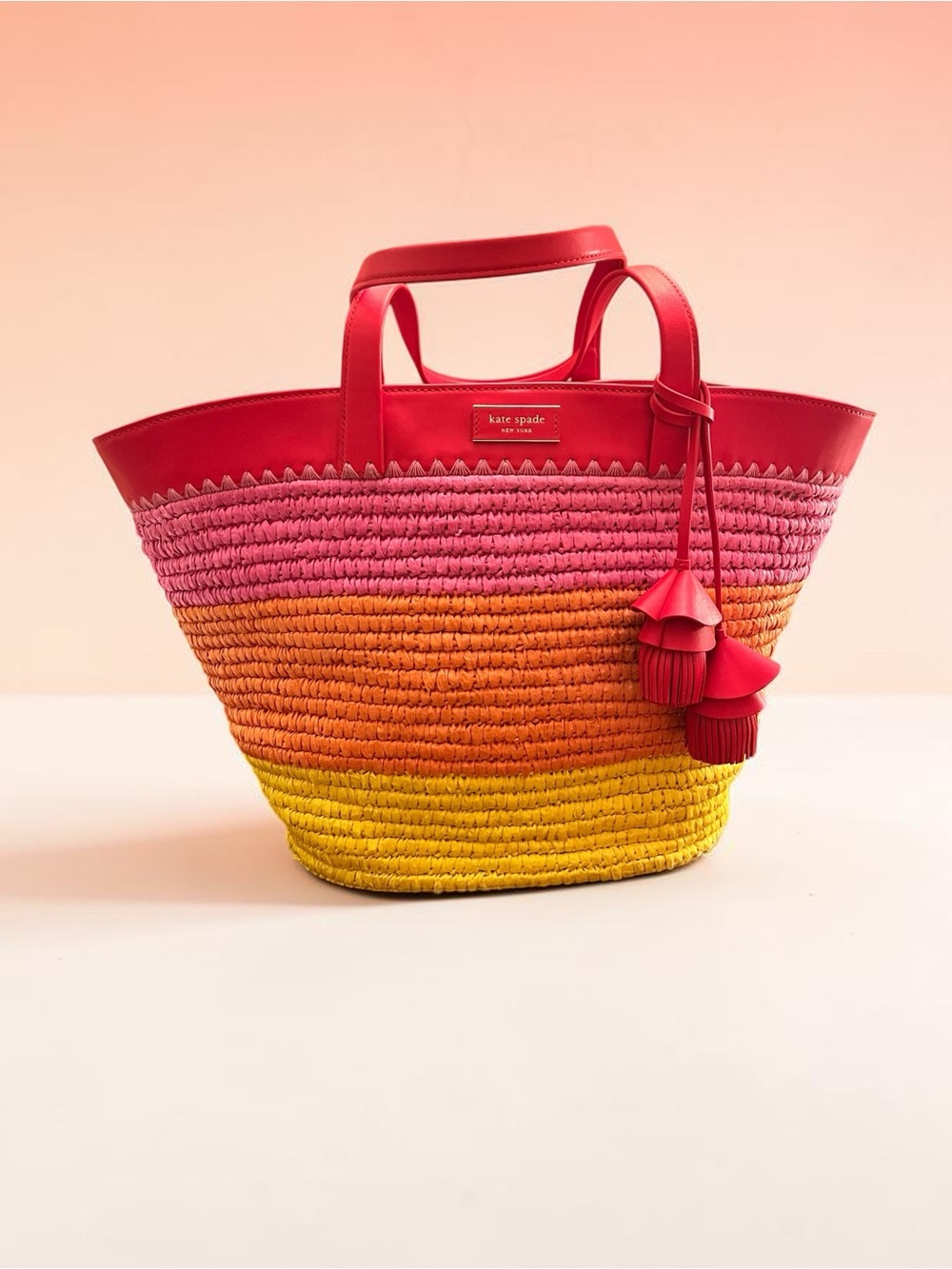 Kate Spade Pier Striped Straw Medium Tote in Pink, Orange & Yellow w/Tassel - Picture 3 of 17